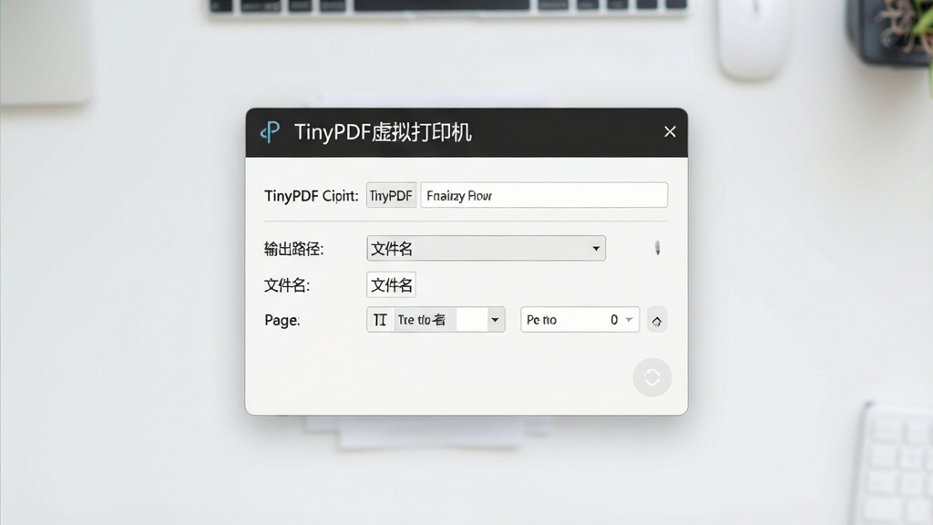 一张展示TinyPDF软件主界面的高清图片,画面中央是简洁的打印设置窗口,窗口上方显示“TinyPDF虚拟打印机”字样,下方有输出路径、文件名、页面设置等选项,整体布局清晰明了,背景为浅灰色桌面,风格简约现代,画质干净,无多余元素