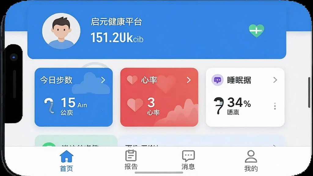一张展示启元健康平台主界面的手机截图,界面干净整洁,顶部显示用户头像和健康评分,中间是今日步数、心率和睡眠数据的卡片,底部导航栏有首页、报告、消息、我的四个图标,整体风格为蓝白配色,扁平化设计,画质清晰,无多余元素