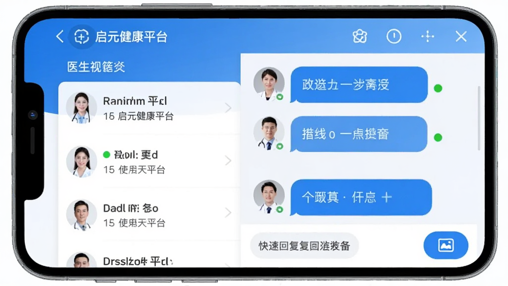 展示启元健康平台在线问诊界面的手机截图,左侧是医生列表,右侧是聊天窗口,医生头像旁有在线状态绿点,底部有快捷回复和图片上传按钮,蓝白配色,画质清晰,无多余元素