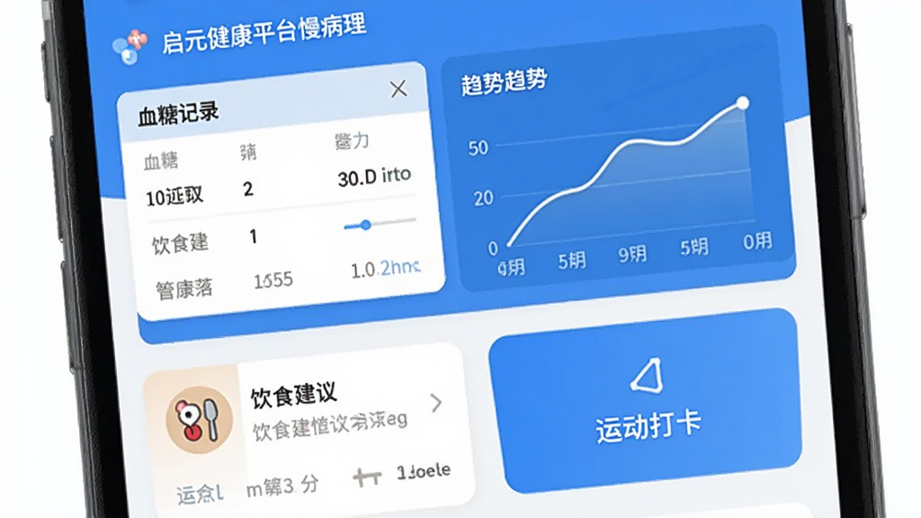 展示启元健康平台慢病管理界面的手机截图,显示血糖记录表格和趋势曲线,下方有饮食建议卡片和运动打卡按钮,蓝白配色,扁平化设计,画质清晰,无多余元素