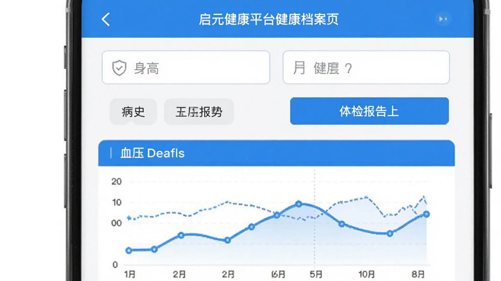 展示启元健康平台健康档案页面的手机截图,界面有身高体重输入框、病史标签、体检报告上传按钮,下方是血压趋势折线图,蓝白配色,扁平化设计,画质清晰,无多余元素