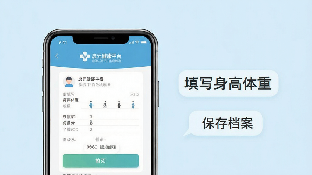 一张启元健康平台使用教程的配图,手机屏幕显示健康数据录入界面,旁边有文字标注“填写身高体重”、“保存档案”,背景为浅蓝色,风格简洁清晰,画质干净,无多余元素