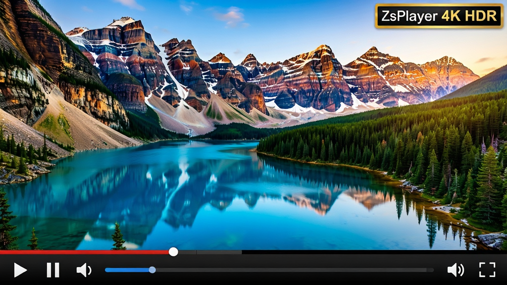 主体:ZsPlayer播放高清视频的画面,视频内容为自然风景;布局:视频画面居中,下方显示播放控制条,右上角显示格式信息;排版:画面占比大,控制条简洁;风格:画面色彩鲜艳,细节丰富;细节:视频画面清晰,控制条上有播放/暂停、音量、全屏按钮,右上角显示“ZsPlayer 4K HDR”;画质:超高清,干净,无多余元素
