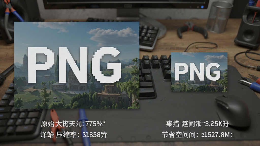 PNGgauntlet压缩前后对比图,左侧为原始大文件PNG图片,右侧为压缩后小文件PNG图片,两者视觉观感一致,下方显示压缩率百分比与节省空间数据,背景为工作台面,风格专业写实,细节清晰,画质干净。
