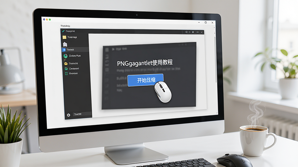 PNGgauntlet使用教程场景图,电脑屏幕显示软件主界面,鼠标正在点击“开始压缩”按钮,桌面整洁,旁边放着一杯咖啡,整体风格明亮清晰,细节丰富,画质干净。