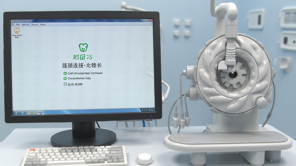 一张展示牙片控制台连接牙片机过程的示意图,画面中电脑屏幕显示连接成功提示,旁边放置一台牙片机,整体布局清晰,风格写实,细节丰富,画质干净。