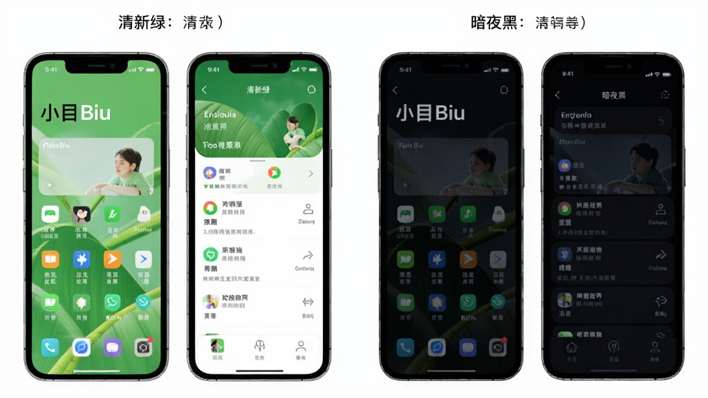 两张手机截图对比图,分别展示“小目Biu”应用的“清新绿”和“暗夜黑”两套主题界面。每张截图都展示了主屏幕和功能页,风格迥异,左边明亮,右边深邃,画质高清,主体清晰,干净无多余元素。
