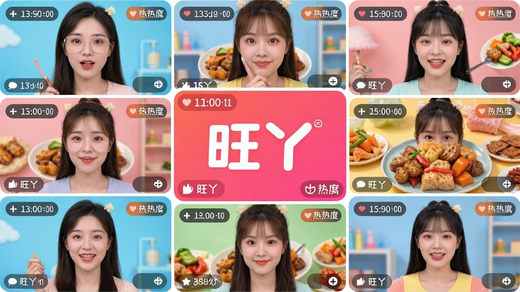 主体:旺丫软件功能展示,九宫格网格占据屏幕主要区域,每个格子中是不同的吃播场景。布局:网格整齐排列,中央格高亮放大,周围格子略小。排版:九宫格均匀分布,线条简洁。风格:清新活泼,色彩明亮,突出食物诱人色泽。细节:每个格子角落有播放时长和热度标签,高亮格显示“旺丫”字样。画质:高清,画面干净,无多余元素。