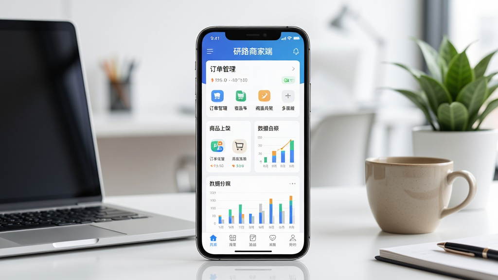 主体:一部智能手机屏幕显示研路商家端主界面,界面包含订单管理、商品上架、数据图表等模块,背景为现代简约的办公环境。布局:手机居中,周围摆放笔记本电脑、咖啡杯和绿植,营造商务氛围。排版:手机屏幕上的APP界面清晰可见,各功能图标排列有序。风格:写实商业风格,色彩明亮。细节:手机屏幕反光自然,界面文字清晰,突出“研路商家端”品牌标识。画质:高清,干净,无多余元素。