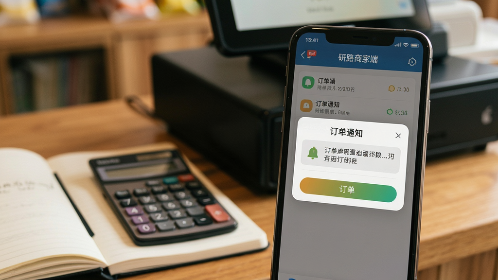 主体:一部手机正在运行研路商家端,屏幕上显示“订单通知”弹窗,背景为模糊的店铺收银台。布局:手机位于画面中央偏右,左侧有半开的笔记本和计算器。排版:弹窗内容清晰可见,按钮高亮。风格:纪实摄影风格,暖色调。细节:手机屏幕上显示时间与消息提示,环境光线自然。画质:高清,干净,无多余元素。