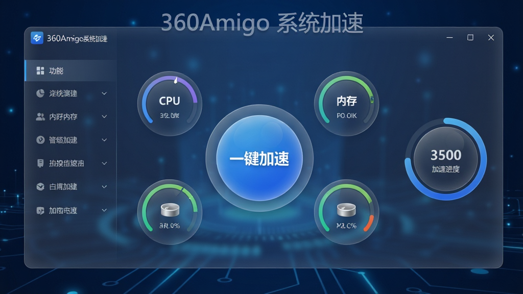画面主体为360Amigo系统加速软件主界面,展示在深蓝色科技感背景之上,界面中央有大型圆形“一键加速”按钮,周围环绕着CPU、内存、磁盘等实时占用率仪表盘,界面风格现代简约,带玻璃拟态效果,整体布局平衡,左侧功能列表清晰,右侧为加速进度环形动画,画面干净整洁,高清渲染,无多余元素,图片文字需包含“360Amigo系统加速”字样