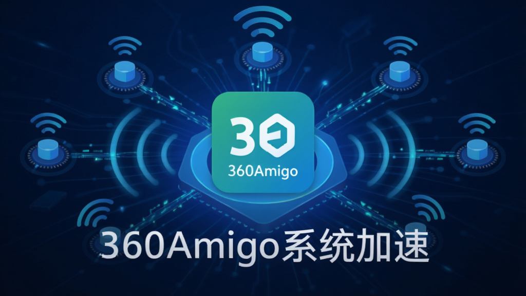 主体为网络加速功能示意图,画面中央是360Amigo系统加速软件图标,周围环绕着多个网络节点和信号波纹,背景为蓝色科技光效,布局采用放射状,风格抽象且具有科技感,细节表现网络数据流动,画质清晰,干净整洁,无多余元素,图片文字需包含“360Amigo系统加速”