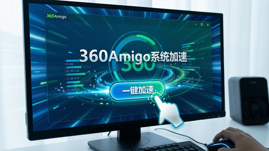 图片主体为电脑屏幕前鼠标点击“一键加速”按钮的特写,屏幕中显示360Amigo系统加速界面,加速过程中出现动态的光效和数据流,背景为抽象的速度线条,整体风格科技感强,画面布局以屏幕为中心,四周留白,突出按钮,颜色以蓝绿色为主,画质清晰,细节丰富,无多余元素,图片文字需包含“360Amigo系统加速”