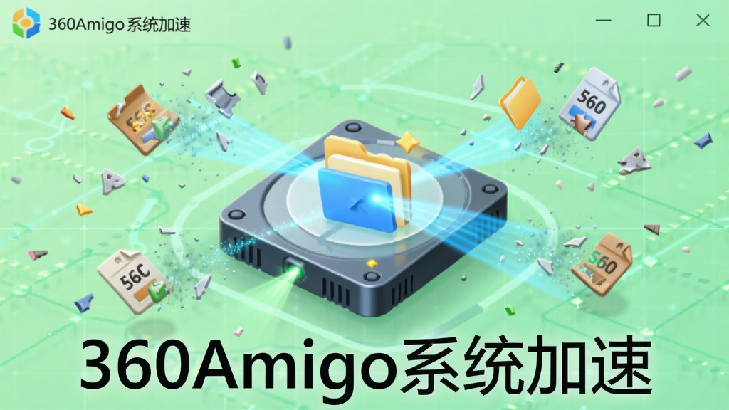 主体为360Amigo系统加速软件进行系统清理时的扫描动画,画面中硬盘和文件夹图标被扫描光线覆盖,周围有各种垃圾文件碎片被清除的粒子效果,背景为浅绿色科技网格,布局中心对称,风格扁平化结合3D元素,画质清晰明亮,细节丰富,无多余元素,图片文字需包含“360Amigo系统加速”