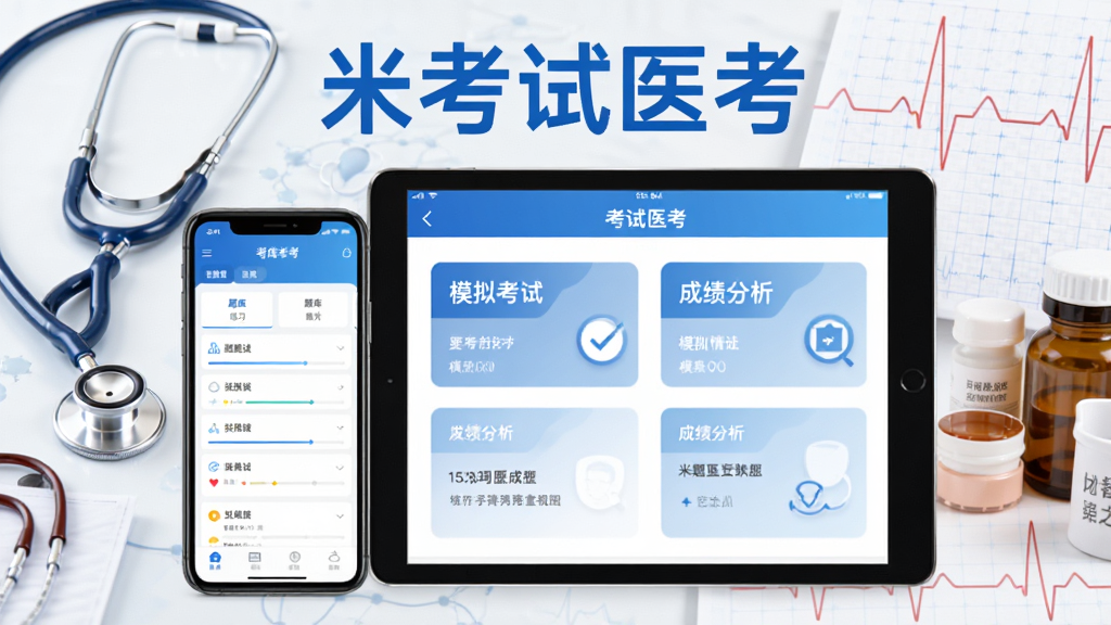 米考试医考主视觉图,展示软件在手机和平板上的界面,包含题库练习、模拟考试、成绩分析等核心模块,背景为医学元素如听诊器、心电图、药品,整体风格专业清新,蓝白配色为主,文字标注“米考试医考”,画质清晰,干净无多余元素