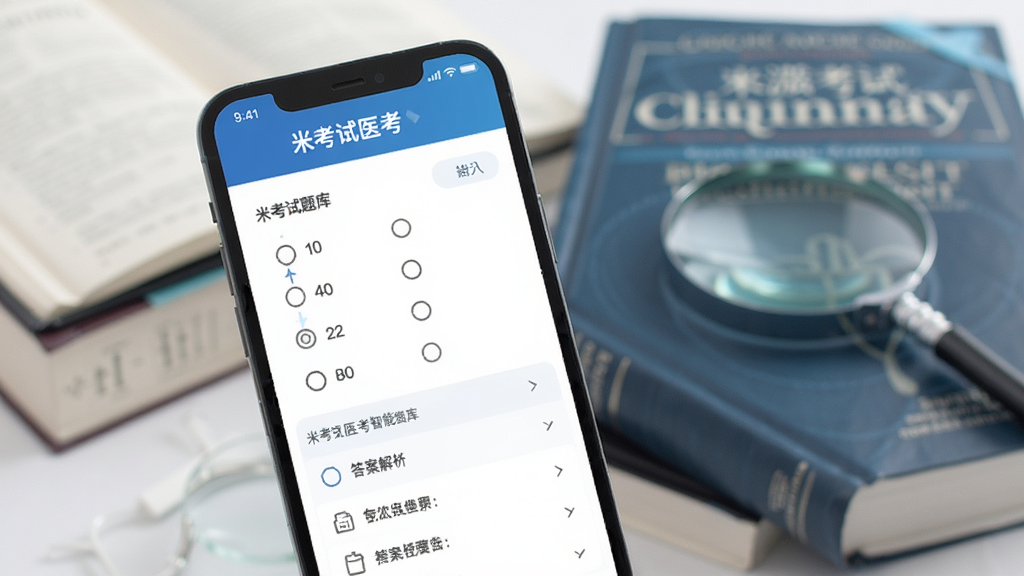 米考试医考智能题库界面,手机屏幕上显示选择题和答案解析,背景有医学书籍和放大镜,强调知识点学习,风格简洁现代,文字标注“米考试医考”,画质干净,无多余元素