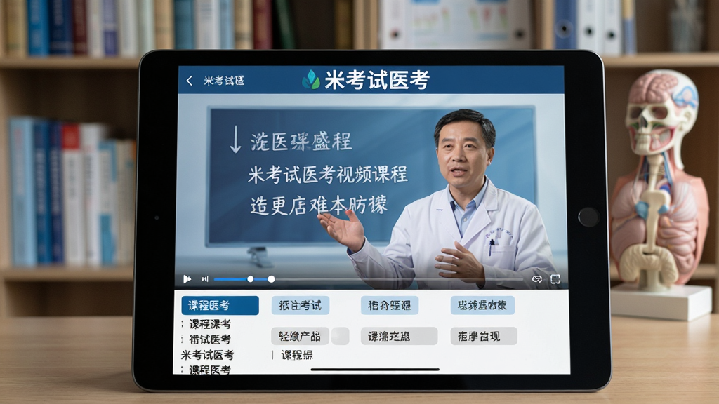 米考试医考视频课程播放界面,平板电脑上显示讲师讲解医学知识点,屏幕下方有课程列表,背景是书架和医学模型,风格真实自然,文字标注“米考试医考”,画质高清,无多余元素