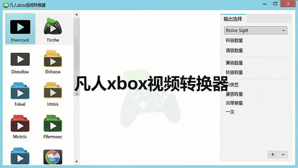 软件功能展示图,主体为“凡人xbox视频转换器”格式转换界面,左侧列表显示多种视频格式图标,右侧为输出格式选择面板,布局左右对称,排版规整,风格清新明亮,细节突出格式兼容数量,画质干净,无多余元素,界面中央有“凡人xbox视频转换器”字样