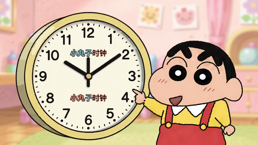小丸子时钟的完整桌面预览图,主体是小丸子卡通形象站在时钟表盘旁边,背景是温馨的粉色房间,布局上时钟位于画面中央,小丸子位于右侧微笑指向时钟,排版采用左右构图,风格为清新日系动漫风,细节包括时钟刻度清晰、小丸子标志性锯齿刘海和红色背带裙,画质高清干净,无多余元素,图片中显示“小丸子时钟”字样