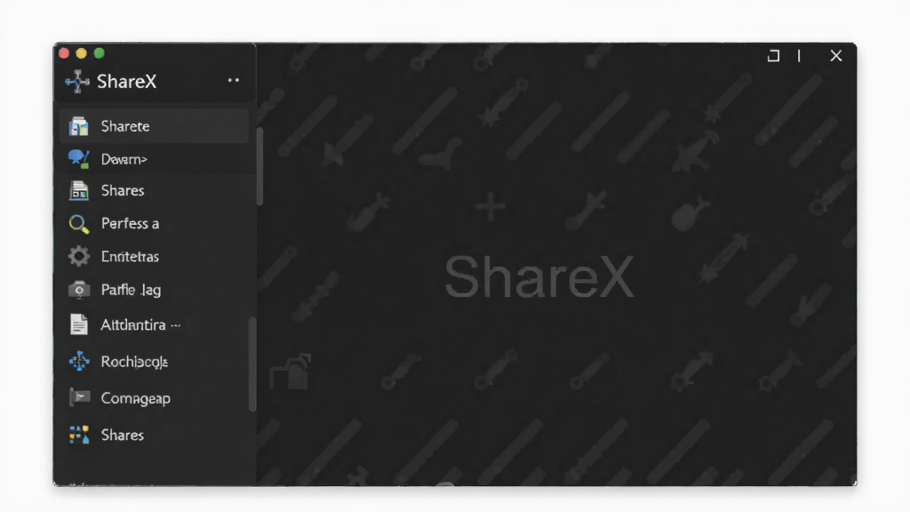 一幅现代风格的桌面软件界面预览图,主体为ShareX主窗口,左侧功能列表,右侧预览区域,布局简洁清晰,扁平化设计,深色主题,界面显示“ShareX”文字标识,画质高清,干净无多余元素