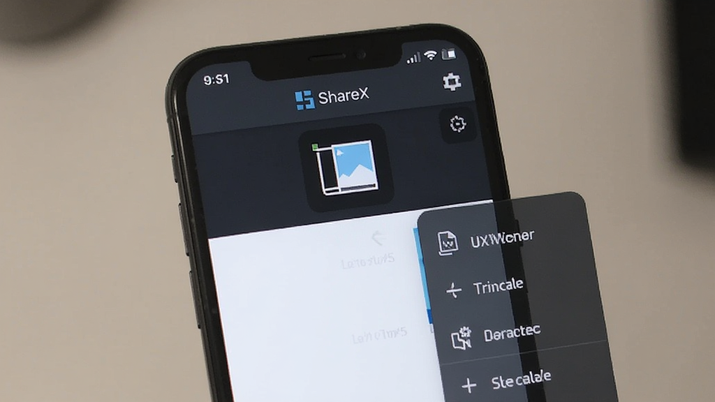 展示ShareX在手机上的操作界面,主体为手机屏幕显示ShareX应用,布局有截图按钮和功能菜单,风格简洁,细节清晰,画质干净无多余元素