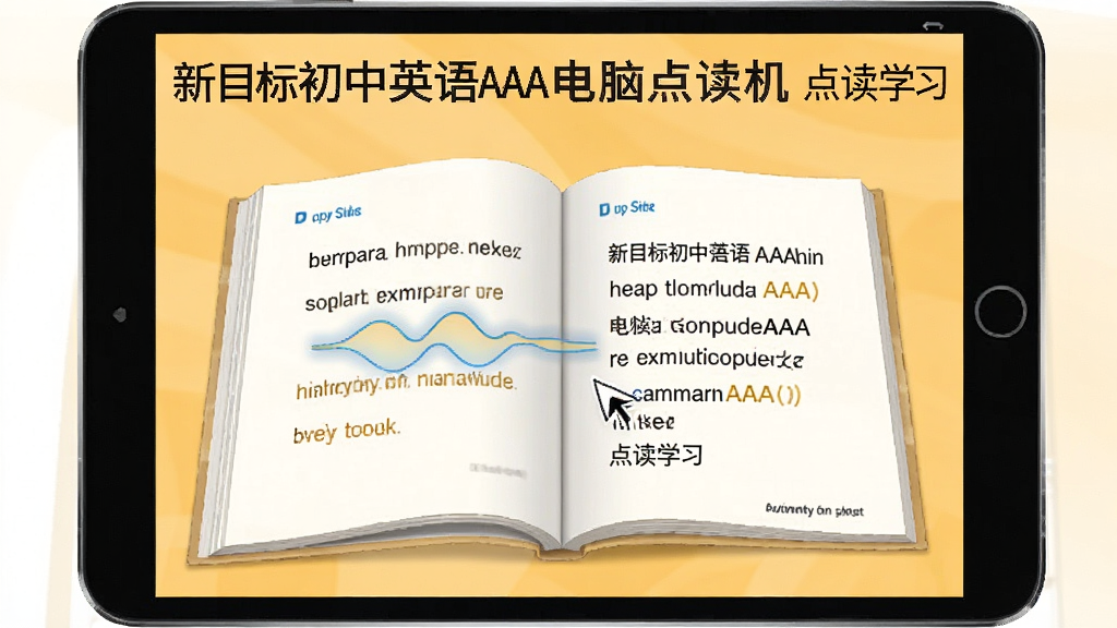 展示新目标初中英语AAA电脑点读机点读界面,页面中央是一本打开的英语课本,鼠标点击句子后出现发音波浪线,旁边配有中英文对照字幕,背景为暖黄色,整体风格温馨,画质干净,文字标注“新目标初中英语AAA电脑点读机 点读学习”