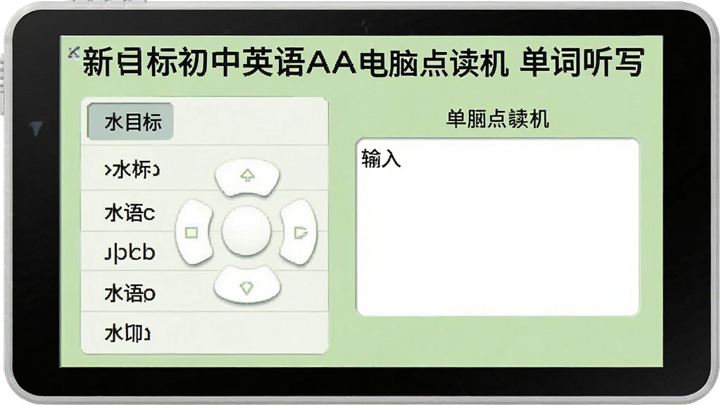新目标初中英语AAA电脑点读机单词听写界面,屏幕左侧显示单词列表,右侧为听写输入框,背景为淡绿色,整体风格简洁,画质干净,文字标注“新目标初中英语AAA电脑点读机 单词听写”