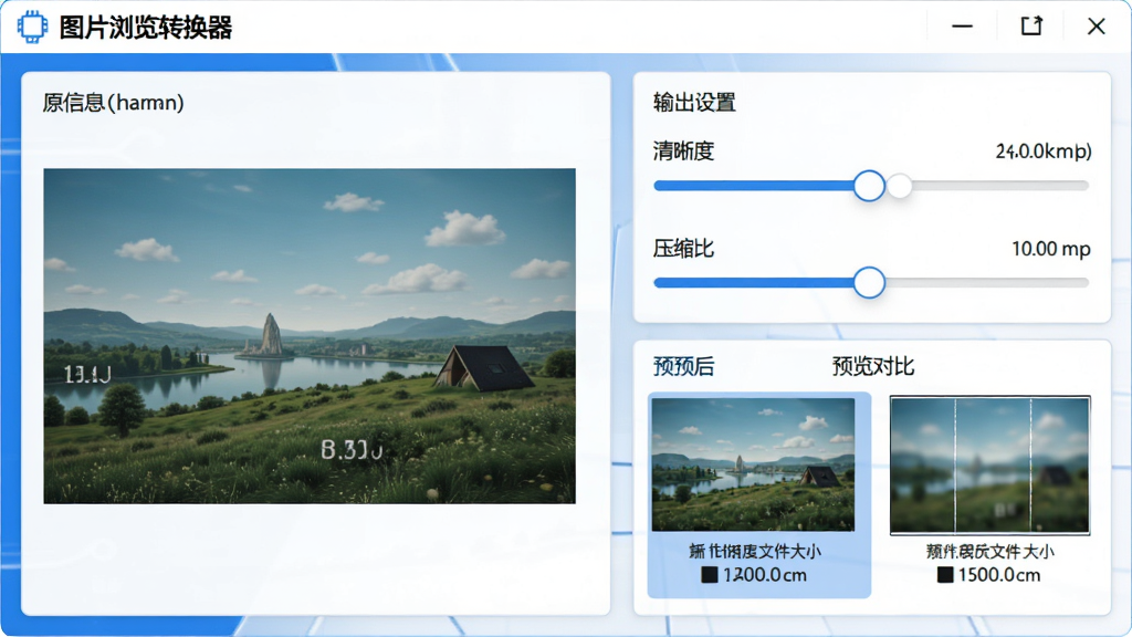 展示图片尺寸调整操作面板,左侧原图信息,右侧输出设置滑块调节清晰度和压缩比,下方预览对比区域显示压缩前后文件大小,界面蓝白配色,简洁科技感,细节清晰,画质干净,包含