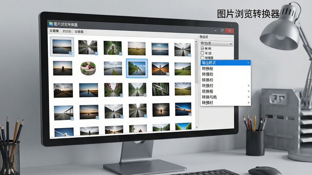 电脑屏幕前展示软件批量转换界面,多张不同格式图片缩略图排列,选中文件高亮显示,右侧输出格式下拉菜单展开,背景为工作台环境,浅灰色调,写实风格,细节清晰,画质干净,文字标注