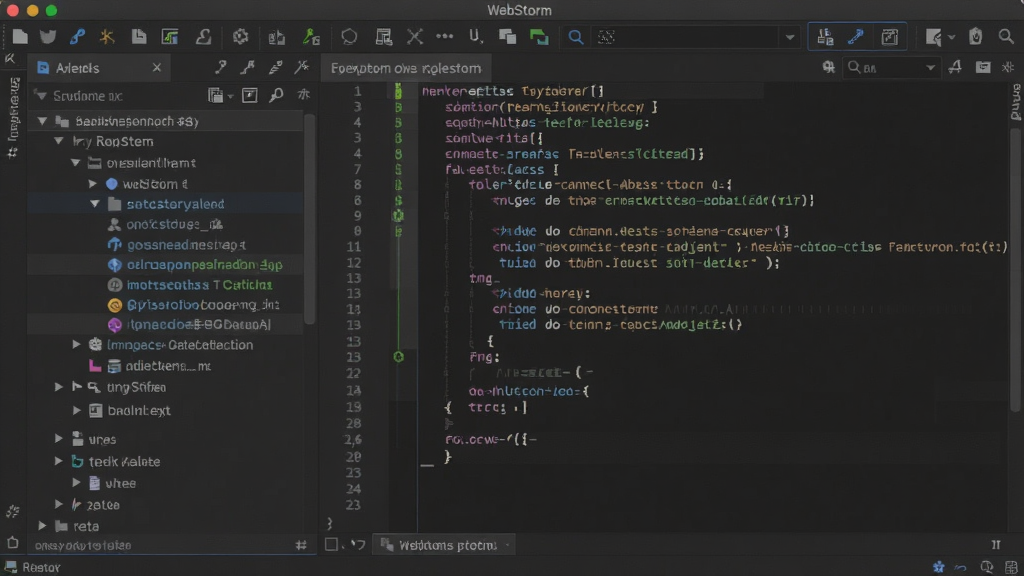 WebStorm 主界面截图,深色主题代码编辑器,左侧项目树,右侧代码预览,上方工具栏清晰,整体布局专业,风格现代,细节丰富,画质清晰干净无多余元素