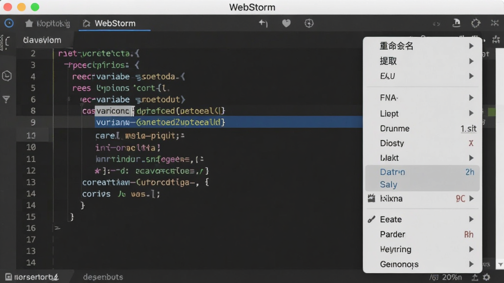 WebStorm 代码重构操作演示,编辑器内高亮显示选中的变量名,右键弹出重构菜单,包含重命名、提取等选项,界面简洁,风格专业,画质清晰,干净无多余元素