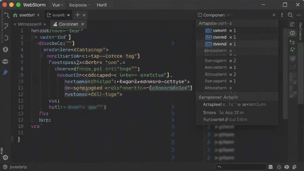 WebStorm 中显示 Vue 单文件组件模板,标签内包含指令高亮,右侧有组件属性提示框,风格现代,细节丰富,画质清晰,干净无多余元素