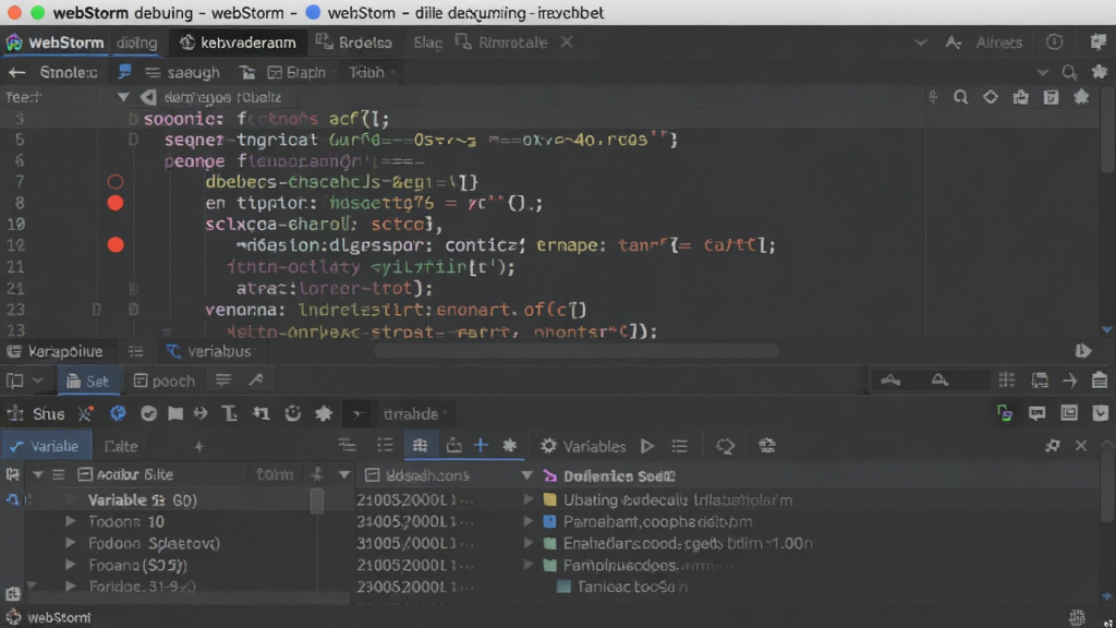 WebStorm 调试会话界面,代码行左侧显示红色圆点断点,底部调试工具窗口显示变量列表和调用堆栈,风格专业,布局清晰,画质干净,无多余元素
