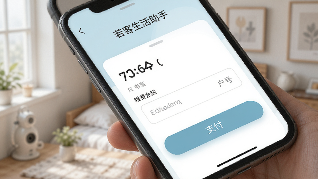 若客生活助手缴费功能页面,手机展示电费缴纳界面,包含缴费金额、户号输入框和支付按钮,界面风格简约,色彩柔和,画质清晰,无多余元素
