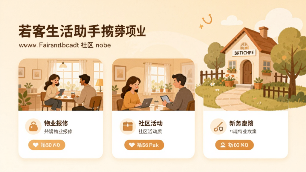 若客生活助手社区服务页面,展示物业报修、社区活动等功能卡片,背景为暖色调,配有社区场景插图,整体风格温馨,画质细腻,无多余元素