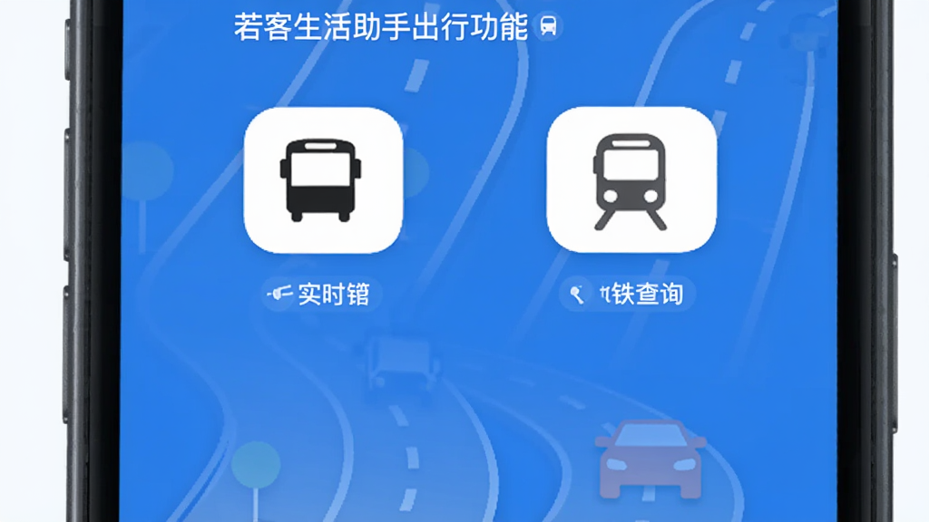 若客生活助手出行功能界面,手机显示实时公交、地铁查询等图标,背景为蓝色调,配有道路和车辆图标,风格简洁现代,画质清晰,无多余元素