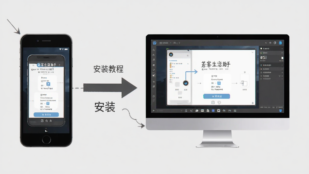 若客生活助手使用教程示意图,手机与电脑模拟器连接,展示安装步骤,背景为浅灰色,配有箭头指示,风格简洁教学风格,画质干净,无多余元素