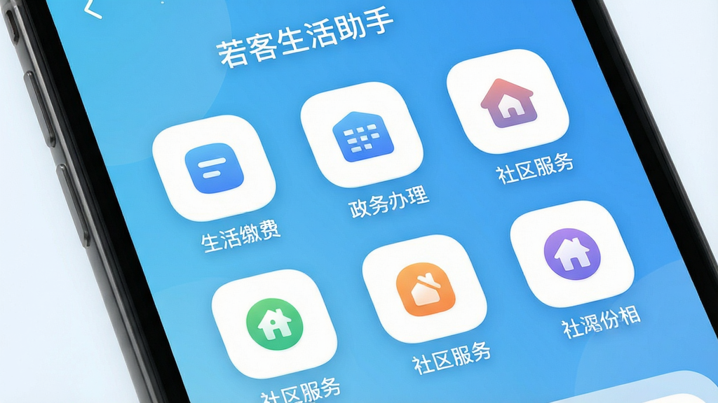 若客生活助手主界面展示,手机屏幕显示分类功能图标,包括生活缴费、政务办理、社区服务等,背景为清新的蓝色渐变,整体布局简洁大方,图标圆润,画面干净明亮,画质高清,无多余元素