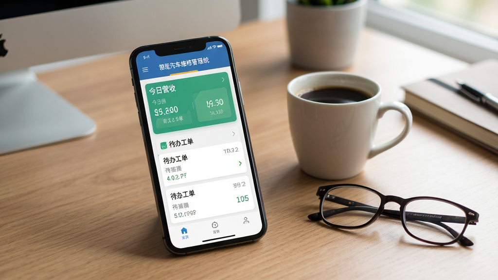 领智汽车维修管理系统在手机上的运行界面,屏幕显示今日营收与待办工单,手机旁边放着一杯咖啡与眼镜,背景为办公桌一角,整体风格轻松自然,细节丰富,画质清晰干净