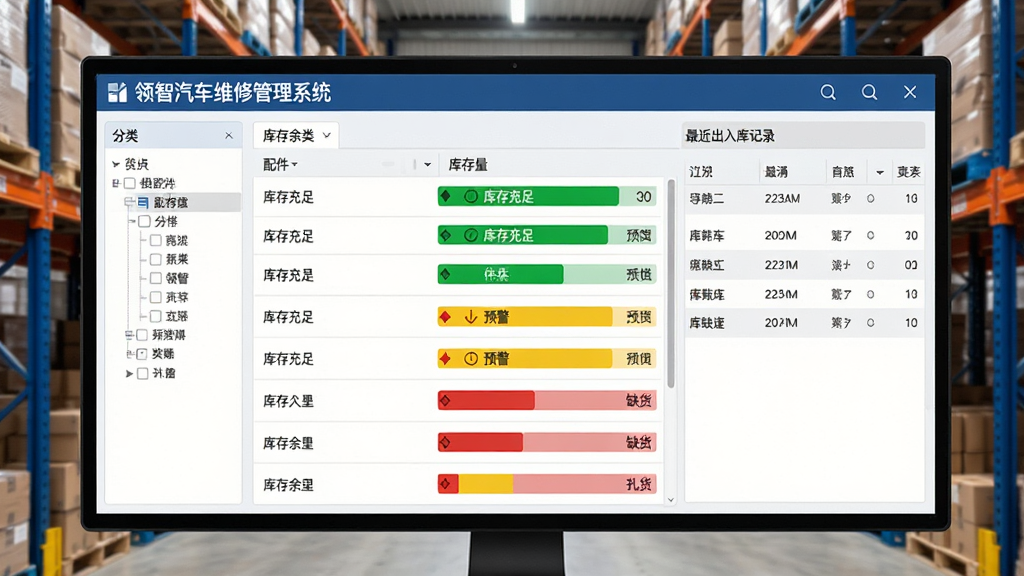 领智汽车维修管理系统库存管理界面,屏幕上显示配件列表与库存余量条,绿色代表库存充足,黄色代表预警,红色代表缺货,左侧有分类筛选树,右侧是最近出入库记录表格,背景为仓库货架,整体色调清爽,布局规整,风格实用,细节真实,画质高清干净