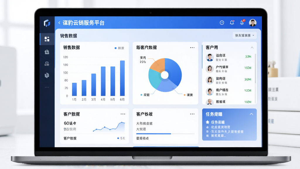 谍豹云销服务平台主界面展示,一台笔记本电脑屏幕显示销售数据看板,包含柱状图、饼图、客户列表、任务提醒卡片,整体布局简洁商务,蓝色科技色调,界面清晰干净,画质高清,无多余元素