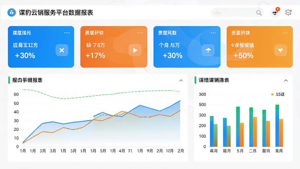 谍豹云销服务平台数据报表界面,显示多个数据卡片和折线图、柱状图,图表采用亮色系,背景白色,界面整洁,数据标签清晰,画质高清,无多余元素