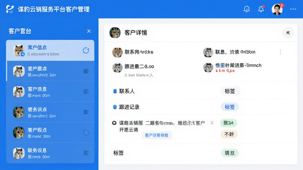 谍豹云销服务平台客户管理界面,左侧是客户列表,右侧显示客户详情面板,包含联系人信息、跟进记录、标签,界面设计现代,蓝白配色,信息层次分明,画质清晰,无多余元素