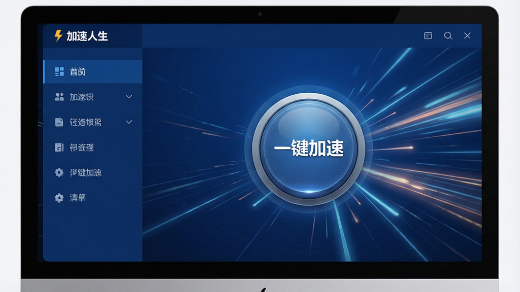 一幅现代科技感十足的电脑屏幕特写,屏幕中显示“加速人生”软件主界面,界面以深蓝色为主色调,左侧功能列表清晰,中央有醒目的“一键加速”圆形按钮,背景为抽象的高速光轨线条,整体布局简洁大气,风格偏向扁平化设计,细节上突出按钮的质感与光影效果,画质高清干净,无多余元素