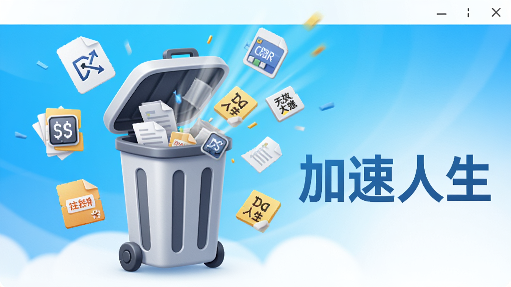 一个打开的垃圾箱图标,周围环绕着各种文件碎片、缓存图标、无效注册表项等元素,垃圾箱旁有“加速人生”软件名称,背景为明亮的蓝色渐变,整体布局干净利落,风格清新简约,细节上突出垃圾文件被吸入垃圾箱的动态效果,画质高清,无多余元素