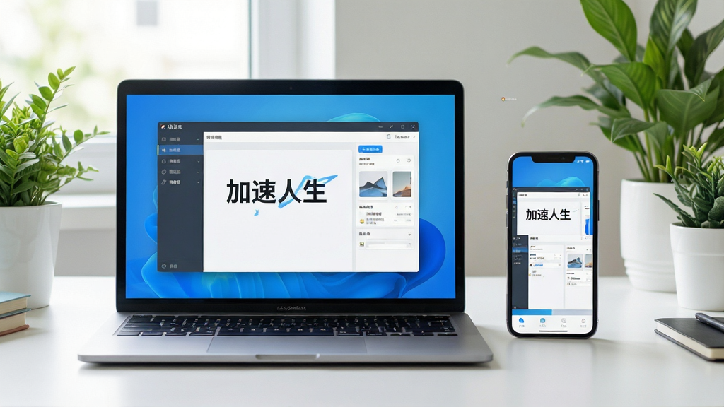 一台笔记本电脑和一部手机并排摆放,屏幕上均显示“加速人生”软件界面,背景为简洁的工作台,周围有绿色植物点缀,整体布局平衡,风格清新自然,细节上突出设备屏幕中的软件界面清晰可见,画质高清,无多余元素