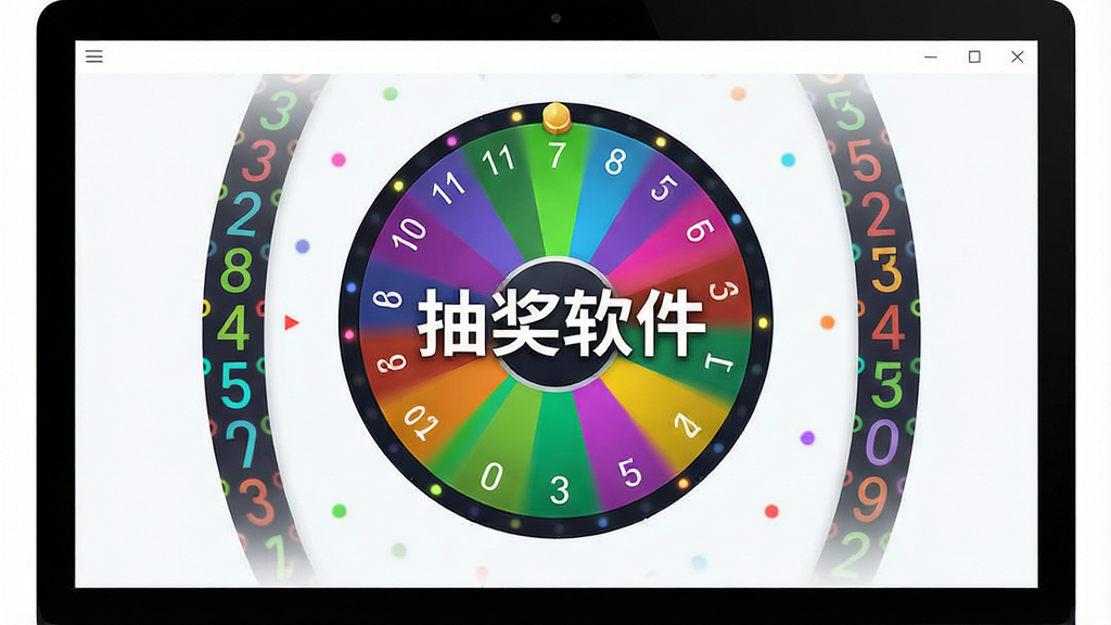 一张展示抽奖软件主界面的高清截图,主体为电脑屏幕上的抽奖转盘与数字滚动动画,布局居中,排版清晰,风格现代简约,细节包含彩色灯光效果与“抽奖软件”文字标识,画质清晰干净,无多余元素