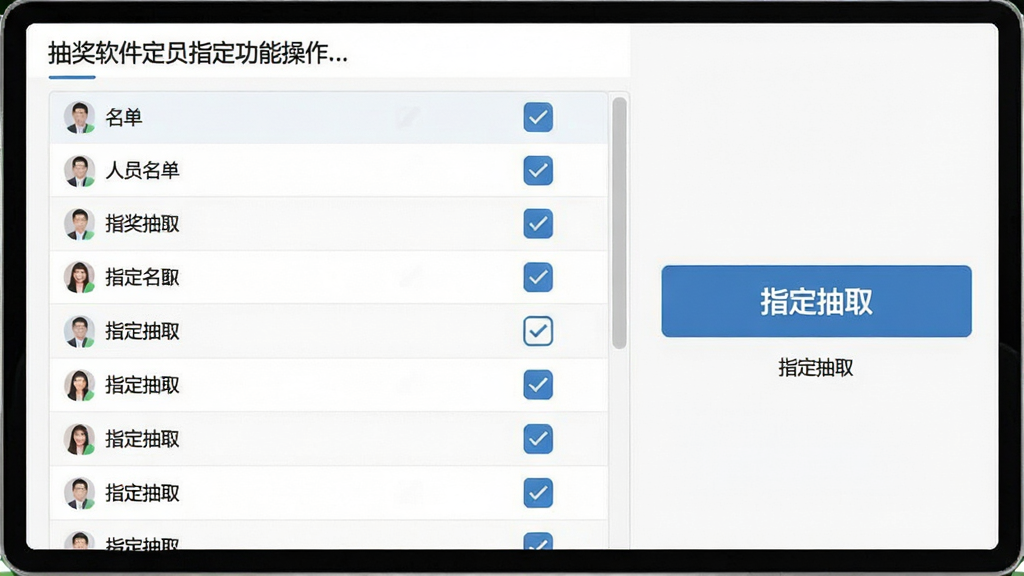 一张展示抽奖软件指定人员功能的操作截图,主体为人员名单排列与勾选状态,布局左侧为名单列表,右侧为抽取按钮,排版清晰,风格简洁商务,细节包含“指定抽取”文字提示,画质高清干净,无多余元素