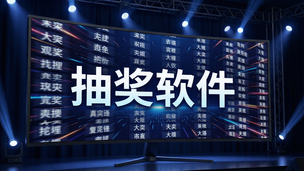 展示抽奖软件大屏幕滚动效果的场景图,主体为宽屏显示器上快速滚动的姓名列表,布局饱满,排版具有动感,风格科技炫酷,细节包含舞台灯光与“抽奖软件”大屏字样,画质细腻干净,无多余元素