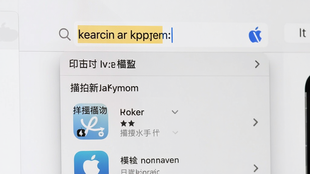 搜苹果软件搜索界面特写,主体是输入关键词后展示的即时联想下拉列表,布局居中,排版整齐,风格简洁明亮,细节展示搜索高亮词与推荐应用图标,画质锐利干净,无多余元素